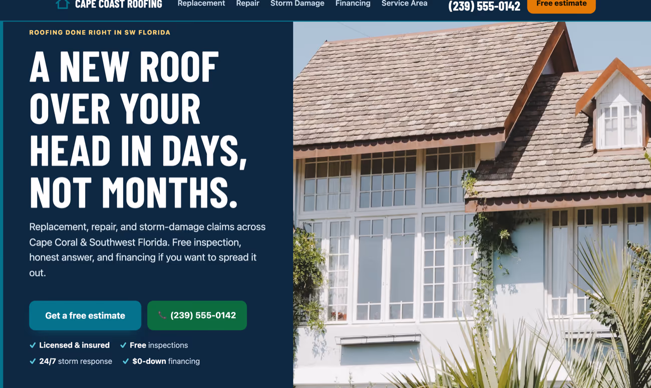 The Cape Coast Roofing demo site we built, in a browser