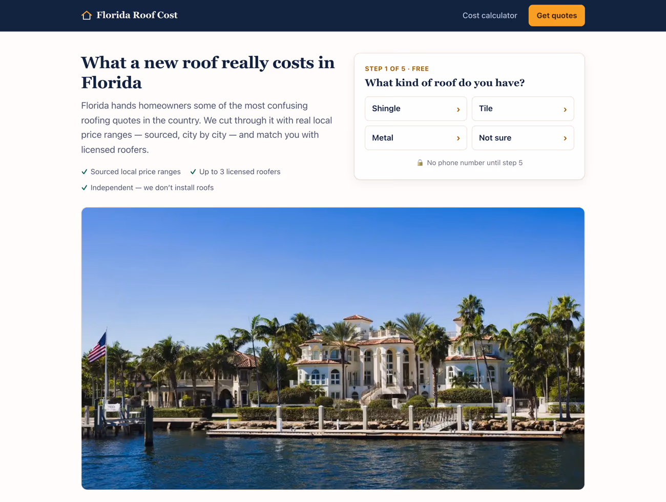 The Florida Roof Cost homepage, a site we build and run, in a browser